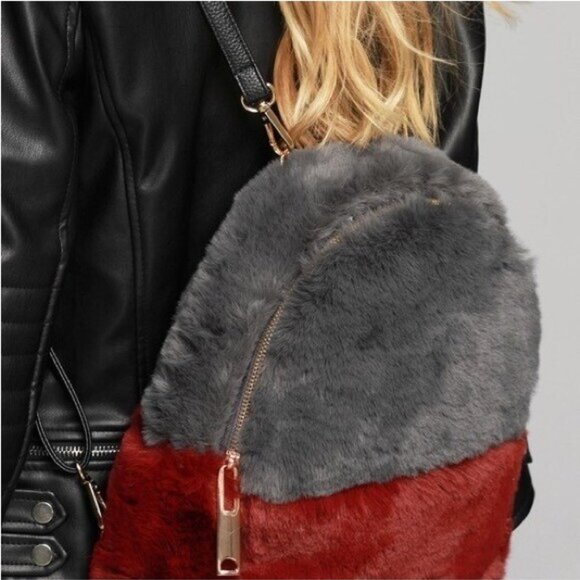 Faux Fur Backpack Gray Burgundy Travel School Vacation Academia Fuzzy - Picture 5 of 13